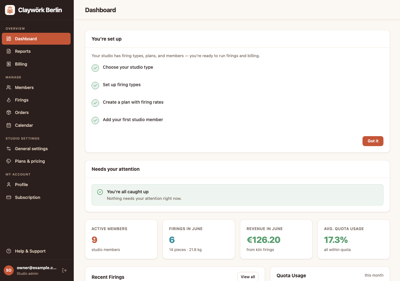 Dashboard preview for a ceramic studio billing app