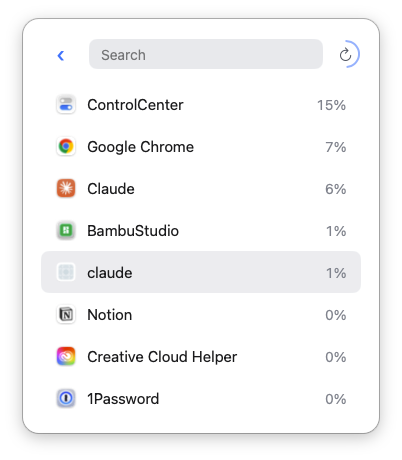 WakeLemur process picker listing running apps by CPU usage