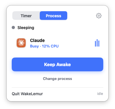 WakeLemur with a busy process selected, ready to keep the Mac awake