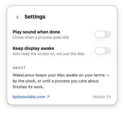 WakeLemur settings for sounds and display wake